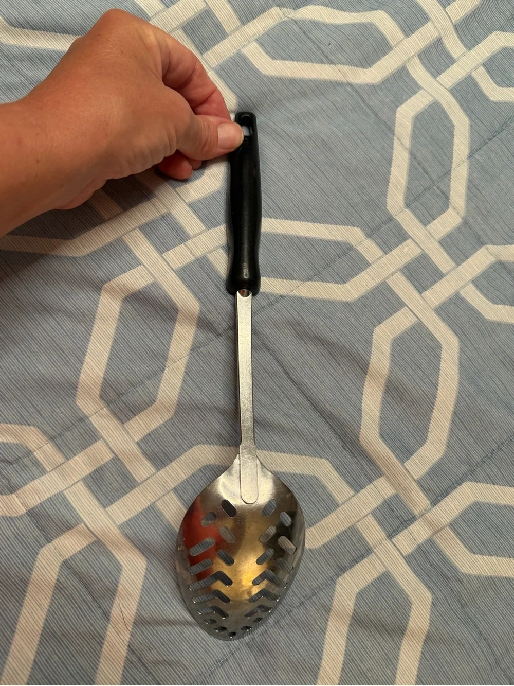 Vintage EKCO USA Stainless Steel Slotted Serving Spoon Skimmer Wood Grain Handle